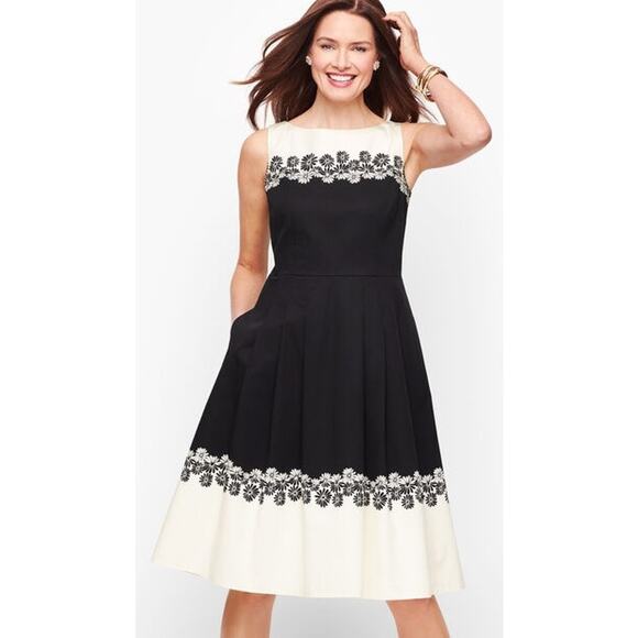 NWT Talbots Pleated Sleeveless Floral Fit & Flare Dress Cream Black Womens 2 - Picture 1 of 7